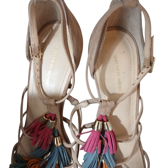 Saks Fifth Avenue Strappy Colorful Tassled Heels Sandals Size 11 - Picture 4 of 10